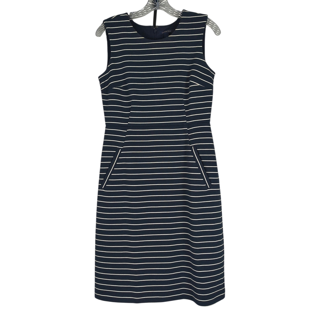 Lands End Sheath Dress Women's 4 Navy White Striped Sleeveless Pockets Belted